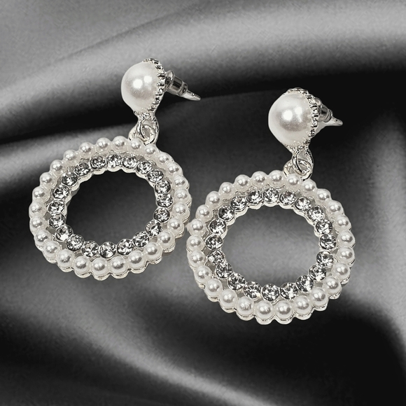 Faux Pearl Bling Post Earrings, CZ Pearl Earrings, Wedding Bride Jewelry - Picture 1 of 4